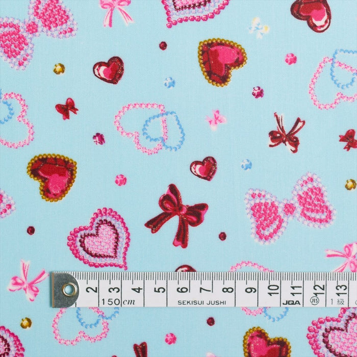 Glittering beauty of hearts and ribbons (scarred light blue) laminate (thickness 0.08mm) fabric 