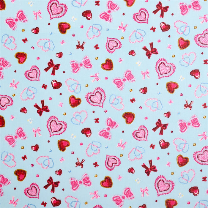 Glittering beauty of hearts and ribbons (scarred light blue) laminate (thickness 0.08mm) fabric 