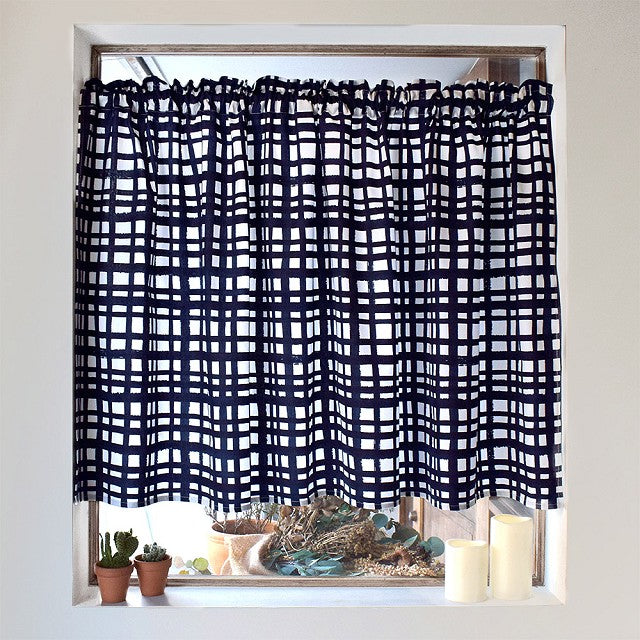Cafe Curtain 100% Cotton (72cm×142cm) Standard Type Indigo Check — COLORFUL  CANDY STYLE
